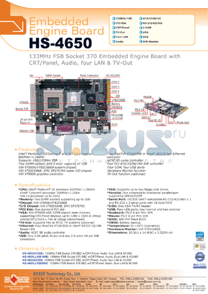 HS-4650 datasheet - 133MHz FSB Socket 370 Embedded Engine Board with CRT/Panel, Audio, four LAN & TV-Out