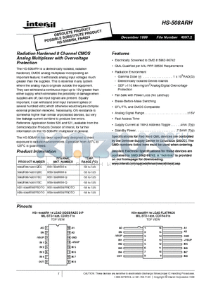 HS-508ARH datasheet - Radiation Hardened 8 Channel CMOS Analog Multiplexer with Overvoltage Protection
