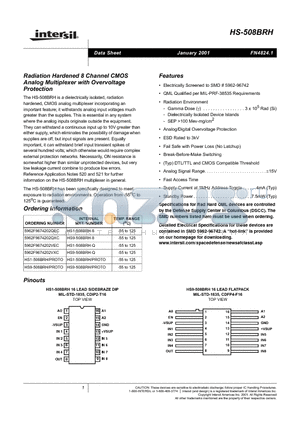 HS-508BRH_01 datasheet - Radiation Hardened 8 Channel CMOS Analog Multiplexer with Overvoltage Protection