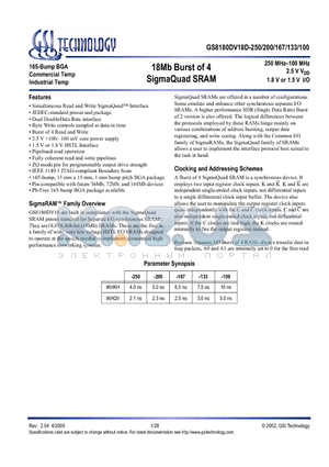 GS8180DV18D-250 datasheet - 18Mb Burst of 4 SigmaQuad SRAM