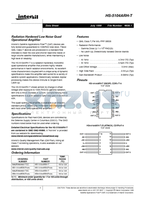 HS-5104ARH-T datasheet - Radiation Hardened Low Noise Quad Operational Amplifier