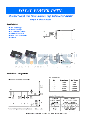 MAU221 datasheet - MAU200 Series 1 Watt Ultra Miniature High Isolation SIP DC/DC Single & Dual Output