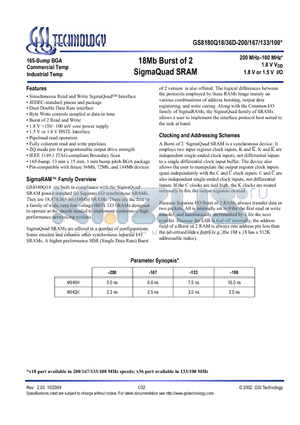 GS8180Q18D-167 datasheet - 18Mb Burst of 2 SigmaQuad SRAM