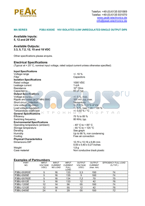 P3BU-057R2E datasheet - P3BU-XXXXE 1KV ISOLATED 0,5W UNREGULATED SINGLE OUTPUT DIP8