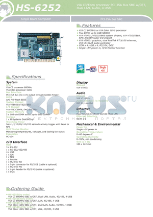 HS-6252ELV datasheet - VIA C3/Eden processor PCI-ISA Bus SBC w/CRT, Dual LAN, Audio, 4 USB