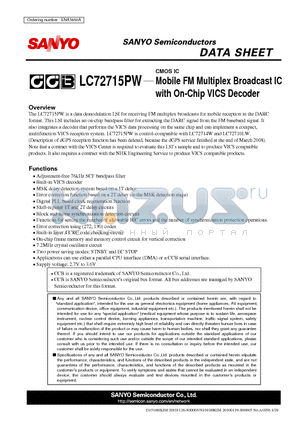 LC72715PW datasheet - CMOS IC Mobile FM Multiplex Broadcast IC with On-Chip VICS Decoder