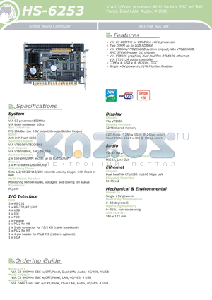 HS-6253 datasheet - VIA C3/Eden processor PCI-ISA Bus SBC w/CRT/Panel, Dual LAN, Audio, 4 USB