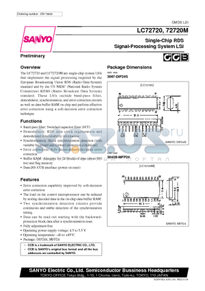 LC72720 datasheet - Single-Chip RDS Signal-Processing System LSI