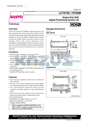 LC72720M datasheet - Single-Chip RDS Signal-Processing System LSI