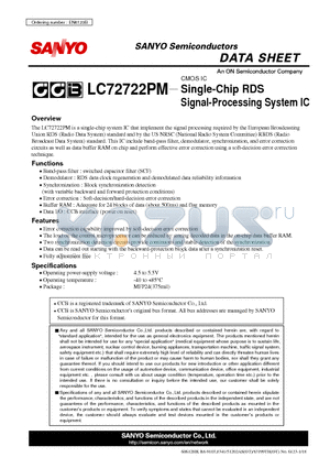 LC72722PM datasheet - Single-Chip RDS Signal-Processing System IC