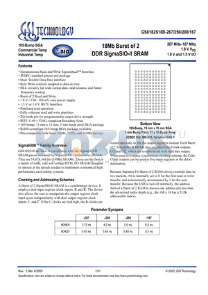 GS8182S18D-167 datasheet - 18Mb Burst of 2 DDR SigmaSIO-II SRAM