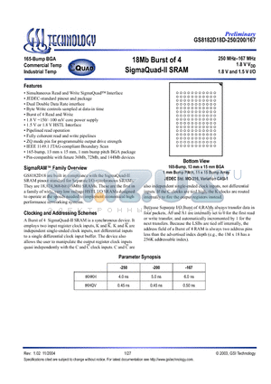 GS8182D18D-250I datasheet - 18Mb Burst of 4 SigmaQuad-II SRAM