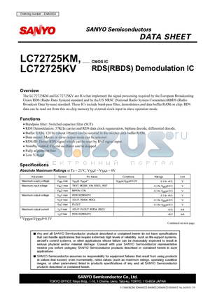 LC72725KV datasheet - CMOS IC RDS(RBDS) Demodulation IC