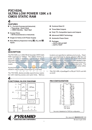 P3C1024L70SI datasheet - ULTRA LOW POWER 128K x 8 CMOS STATIC RAM