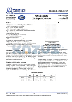 GS8182S18GD-267I datasheet - 18Mb Burst of 2 DDR SigmaSIO-II SRAM