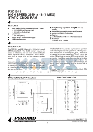 P3C1041-10JC datasheet - HIGH SPEED 256K x 16 (4 MEG) STATIC CMOS RAM