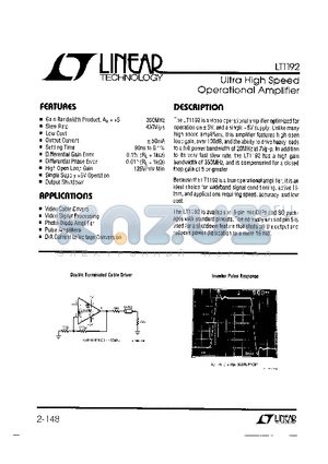 LT1192 datasheet - Ultra High Speed Operational Amplifier