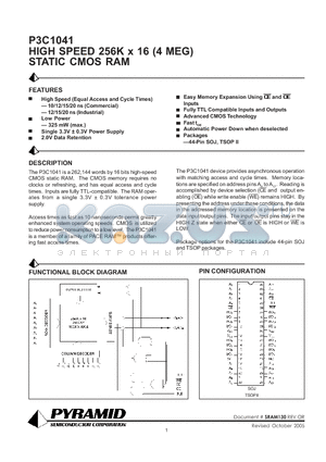P3C1041-10TI datasheet - HIGH SPEED 256K x 16 (4 MEG) STATIC CMOS RAM