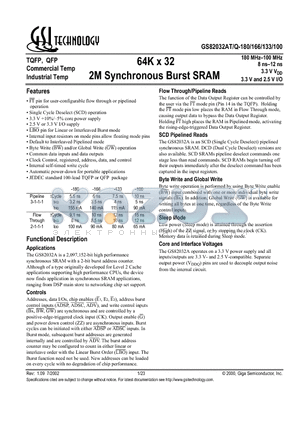 GS82032AQ-133 datasheet - 64K x 32 2M Synchronous Burst SRAM