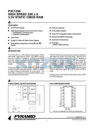 P3C125612JC datasheet - HIGH SPEED 32K x 8 3.3V STATIC CMOS RAM