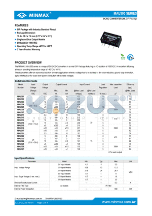 MAU321 datasheet - DC/DC CONVERTER 2W SIP Package with Industry Standard Pinout