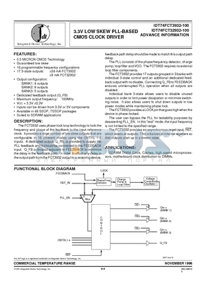 IDT74FCT32932-100PV datasheet - 3.3V LOW SKEW PLL-BASED CMOS CLOCK DRIVER