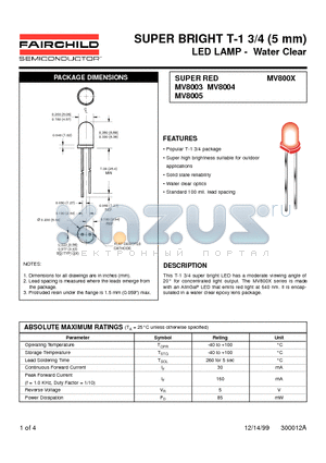 MV8003 datasheet - SUPER BRIGHT T-1 3/4 (5 mm) LED LAMP - Water Clear