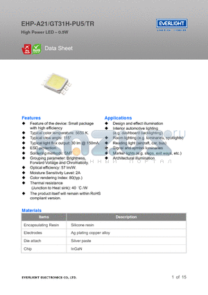 EHP-A21GT31H-PU5TR datasheet - High Power LED-0.5W