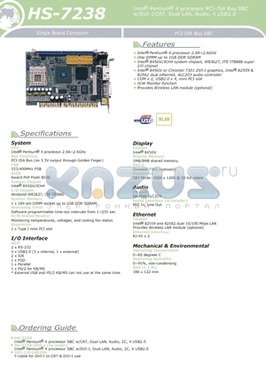 HS-7238 datasheet - Intel Pentium 4 processor PCI-ISA Bus SBC w/DVI-I/CRT, Dual LAN, Audio, 4 USB2.0