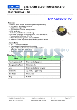 EHP-AX08B-DT01-P01 datasheet - High Power LED - 1W