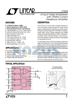 LT1204 datasheet - 4-Input Video Multiplexer with 75MHz Current Feedback Amplifier