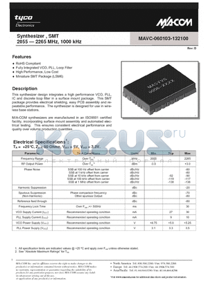 MAVC-060103-132100 datasheet - Synthesizer , SMT 2055 - 2265 MHz, 1000 kHz