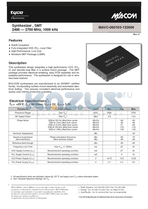 MAVC-060103-132600 datasheet - Synthesizer , SMT 2496 - 2700 MHz, 1000 kHz