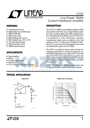 LT1217CS8 datasheet - Low Power 10MHz Current Feedback Amplifier
