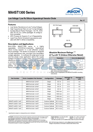 MAVR-001330-XXXXXX datasheet - Low Voltage / Low Rs Silicon Hyperabrupt Varactor Diode