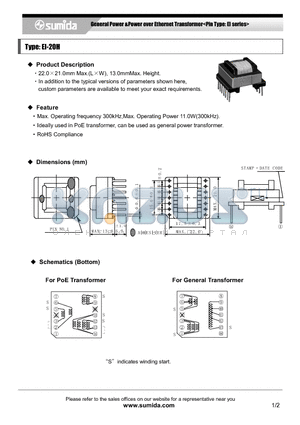EI-20H datasheet - General Power &Power over Ethernet Transformer<Pin Type: EI series>
