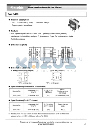 EI-25S datasheet - General Power Transformer <Pin Type: EI Series>