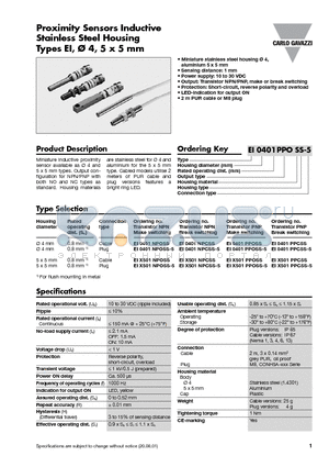 EI0401NPOSS-5 datasheet - Proximity Sensors Inductive Stainless Steel Housing