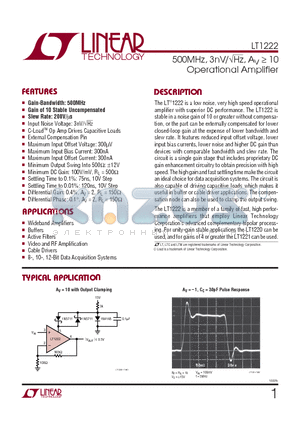LT1222 datasheet - 500MHz, 3nV/Hz, AV  10 Operational Amplifier