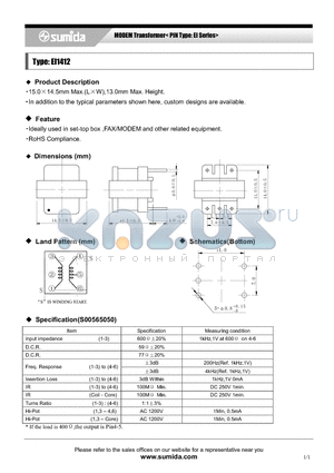 EI1412 datasheet - MODEM Transformer< PIN Type: EI Series>