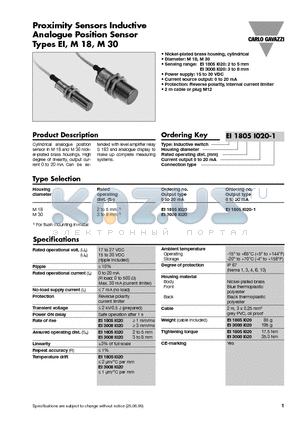 EI1805I020-1 datasheet - Proximity Sensors Inductive Analogue Position Sensor