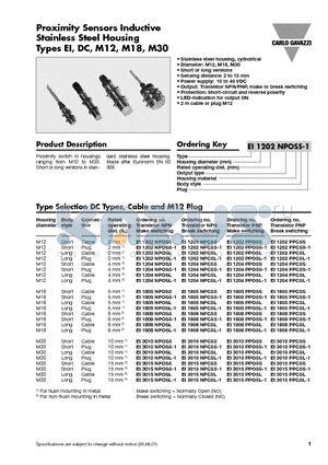EI1805PPOSL-1 datasheet - Proximity Sensors Inductive Stainless Steel Housing
