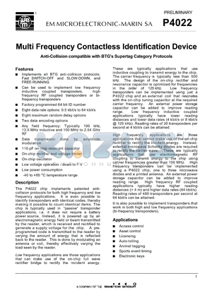 P4022 datasheet - Multi Frequency Contactless Identification Device Anti-Collision compatible with BTGs Supertag Category Protocols