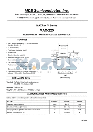 MAX-225 datasheet - HIGH CURRENT TRANSIENT VOLTAGE SUPPRESSOR