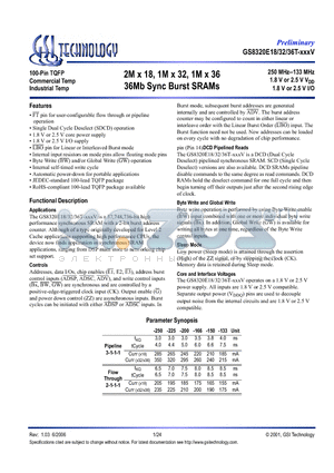 GS8320E18T-150I datasheet - 2M x 18, 1M x 32, 1M x 36 36Mb Sync Burst SRAMs