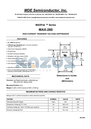 MAX-260 datasheet - HIGH CURRENT TRANSIENT VOLTAGE SUPPRESSOR