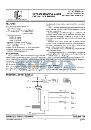 IDT74FCT3932-100 datasheet - 3.3V LOW SKEW PLL-BASED CMOS CLOCK DRIVER