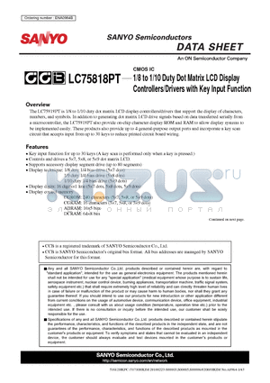 LC75818PT datasheet - 1/8 to 1/10 Duty Dot Matrix LCD Display Controllers/Drivers with Key Input Function