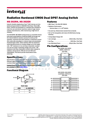 HS0-302EH-Q datasheet - Radiation Hardened CMOS Dual DPST Analog Switch