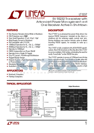 LT1237CG datasheet - 5V RS232 Transceiver with Advanced Power Management and One Receiver Active in Shutdown